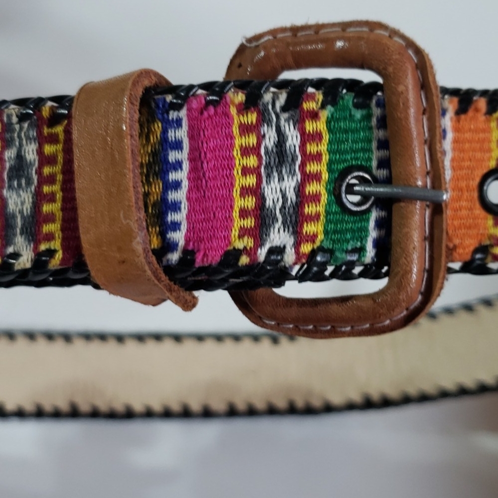 4/$20 Colorful Woven Belt with Brown Leather Accents Aztec Tribal Southwestern